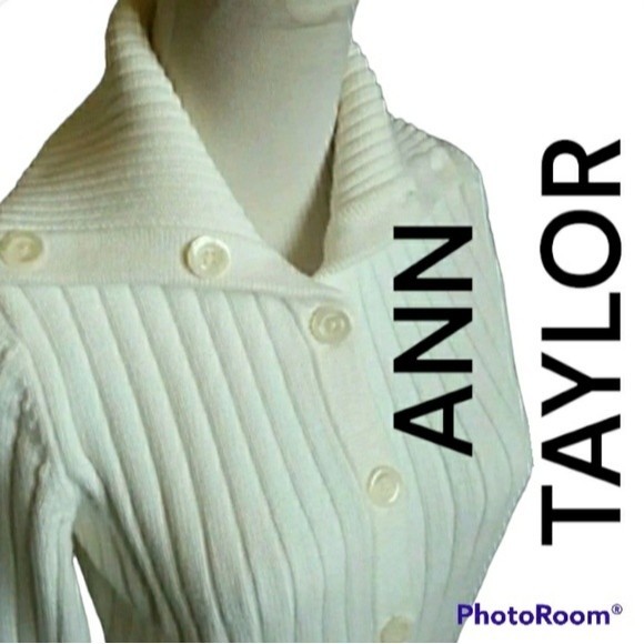 ANN TAYLOR CARDIGAN WHITE CHUNKY KNIT RIBBED MEDIUM WOMENS MEDIUM - Picture 1 of 7